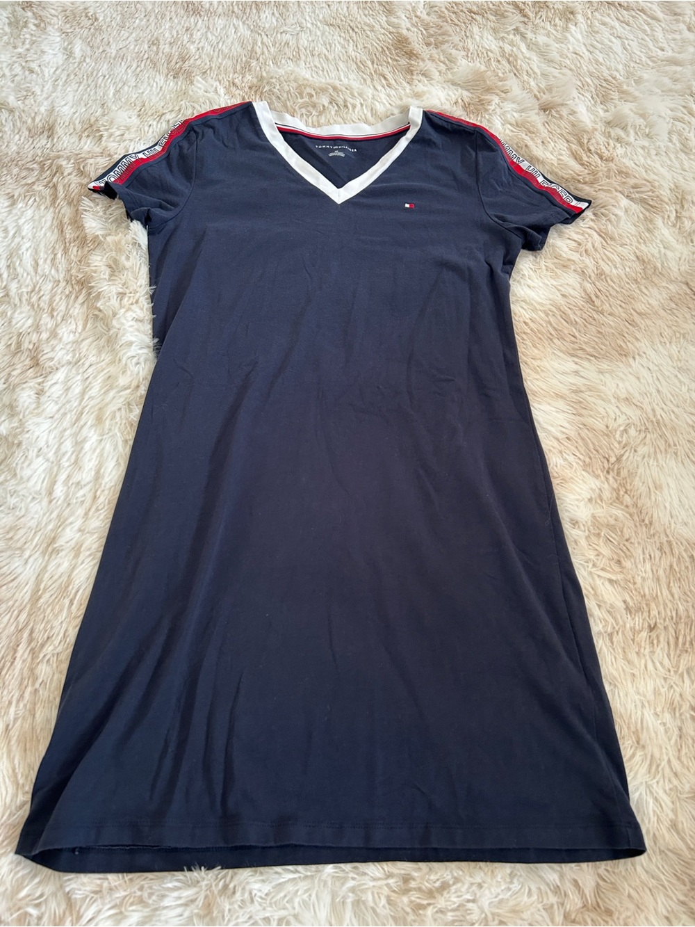 Tommy Hilfiger Navy V-Neck Midi Dress with Red Trim